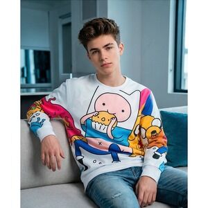 Adventure Time Finn and Jake S Graphic Sweatshirt White Mens Small NEW
